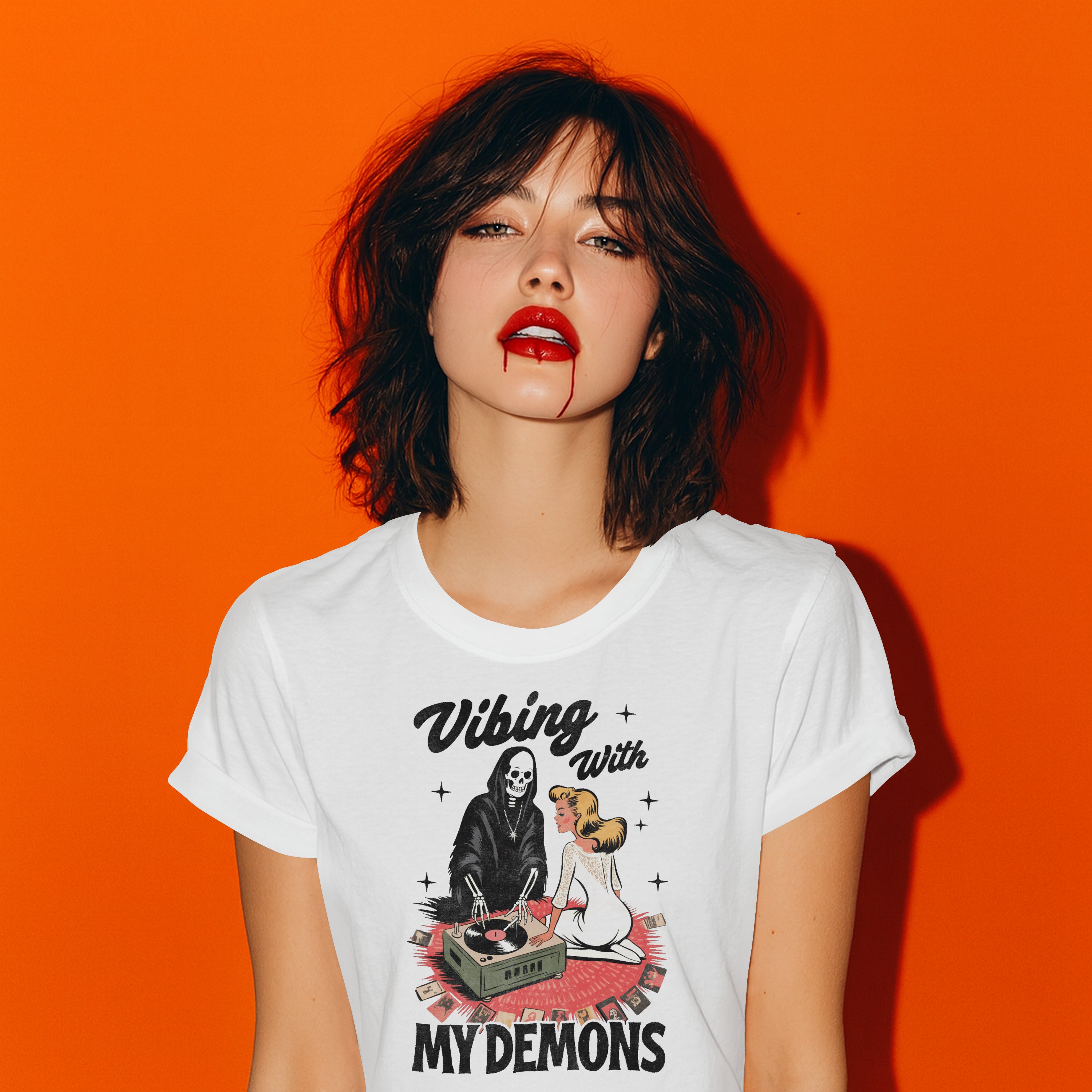 Woman wearing a white t-shirt with a graphic design and text against an orange background